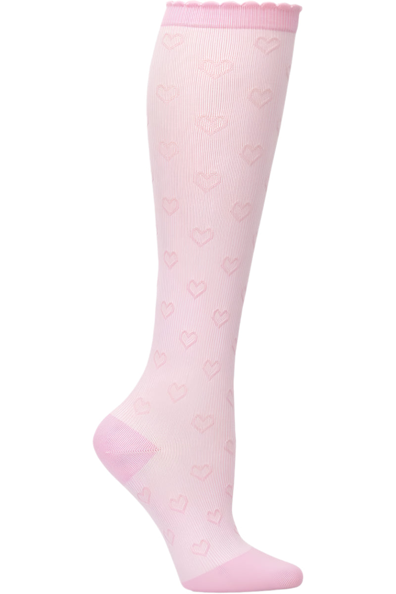 Nurse Mates 12-14 mmHg graduated compression socks with scalloped heart pattern in pink, regular calf fit up to 17 inches, designed for nurses and healthcare professionals.
