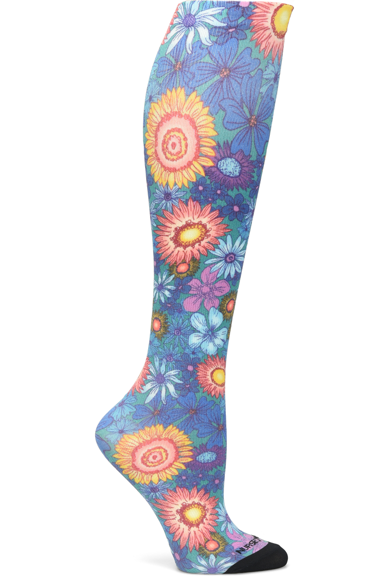 Nurse Mates 360° seamless compression socks 12-14 mmHg in botanical garden green floral pattern, regular calf fit, healthcare professional grade support hosiery with nature-inspired design