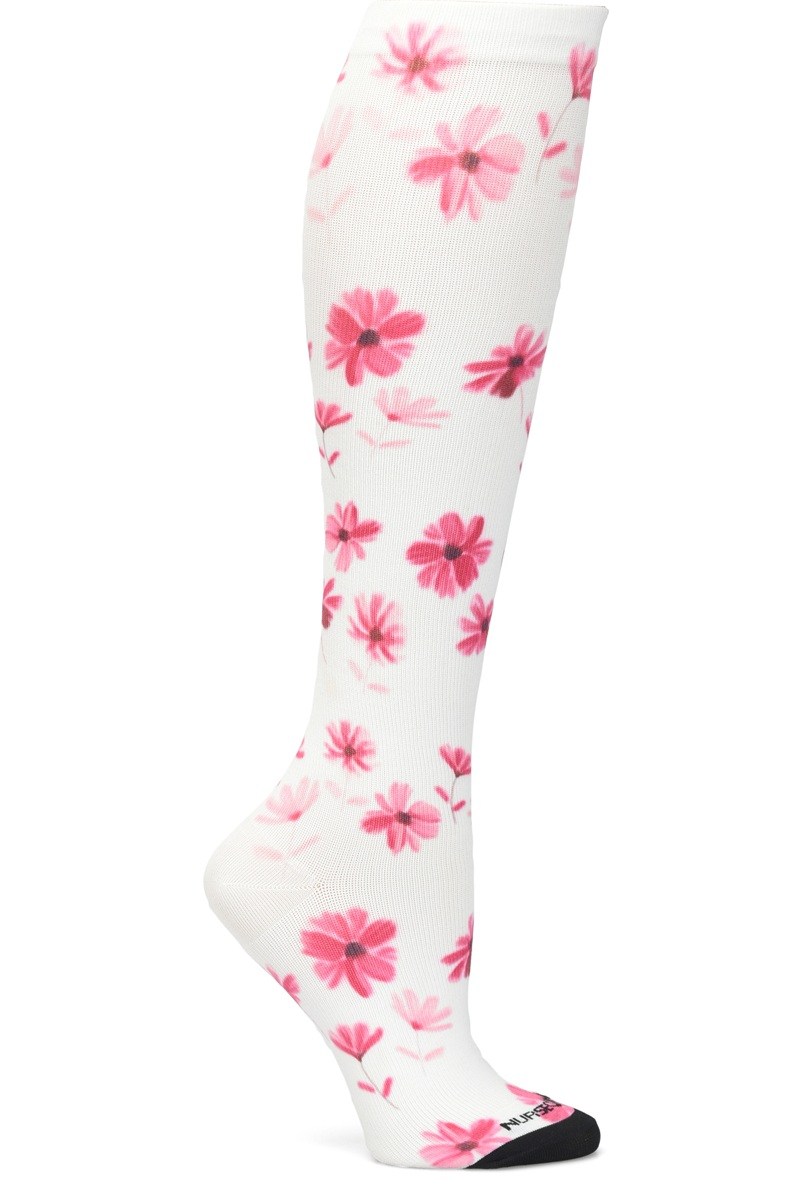 Nurse Mates 360° seamless compression socks 12-14 mmHg in pink blossoms floral pattern, regular calf fit, healthcare professional grade support hosiery with feminine botanical design