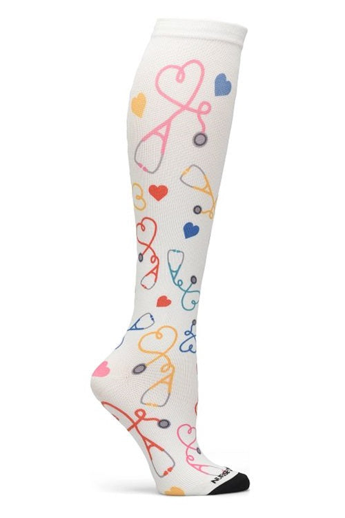 Nurse Mates 360° seamless compression socks 12-14 mmHg with stethoscope hearts medical pattern, regular calf fit, healthcare professional grade support hosiery with nursing theme design