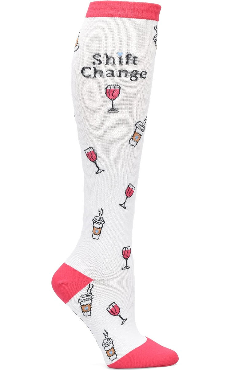 Nurse Mates Shift Change compression socks with clock and nursing theme - 12-14 mmHg mild compression for regular calves up to 17 inches, perfect for shift workers and nurses