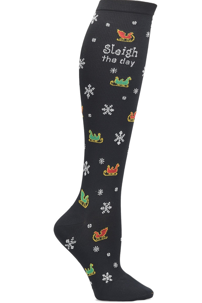 Nurse Mates Sleigh The Day compression socks with holiday sleigh theme - 12-14 mmHg mild compression for regular calves up to 17 inches, festive winter design for nurses and healthcare professionals