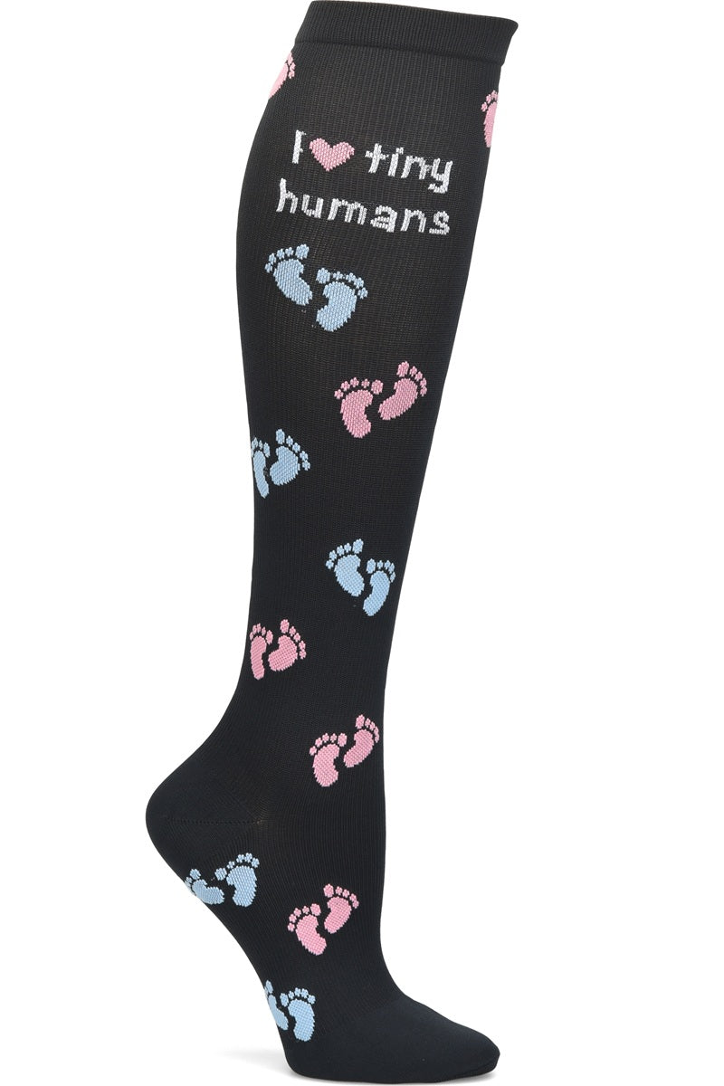 Nurse Mates I Love Tiny Humans compression socks with gradient stripes - 12-14 mmHg mild compression for regular calves up to 17 inches, baby feet pattern for nurses and healthcare workers