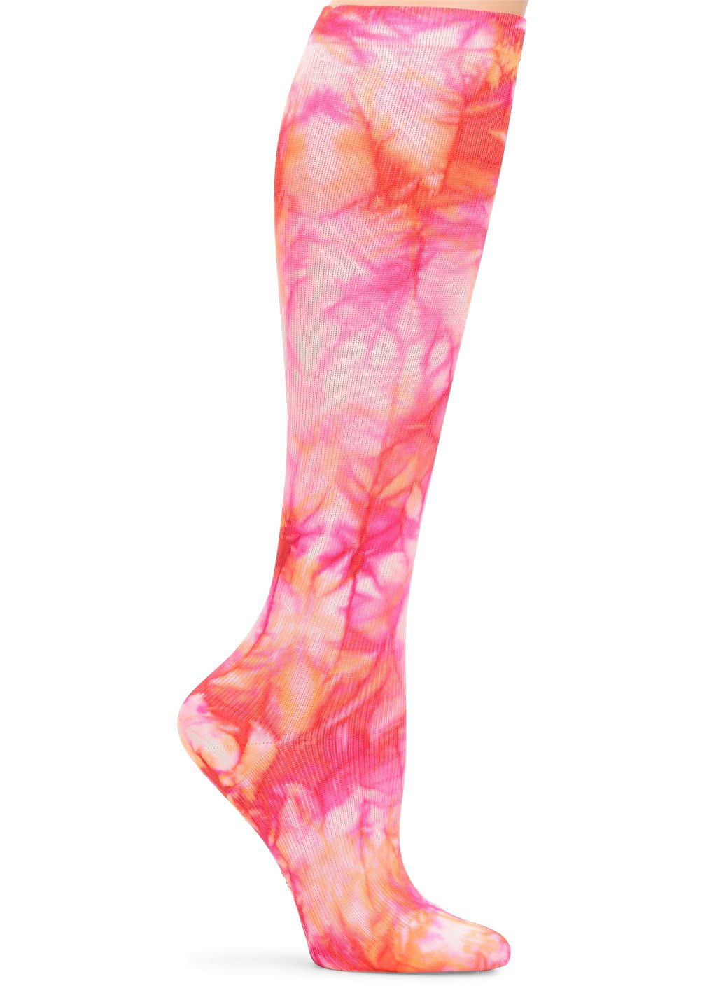 Nurse Mates wide calf compression socks in fuchsia flame pink gradient ombre design, 12-14 mmHg graduated compression, fits calves up to 22 inches, vibrant colored medical support hosiery.