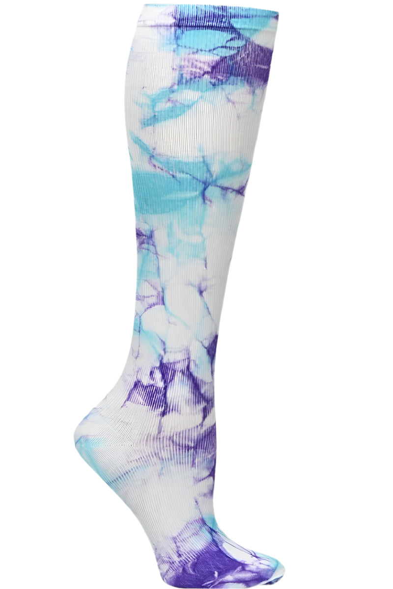 Nurse Mates wide calf compression socks in lilac purple and aqua blue tie dye pattern, 12-14 mmHg graduated compression, fits calves up to 22 inches, trendy tie-dye medical support hosiery.
