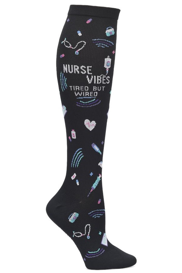 Nurse Mates wide calf compression socks with nurse vibes motivational text pattern, 12-14 mmHg graduated compression, fits calves up to 22 inches, inspirational medical support hosiery for nurses.