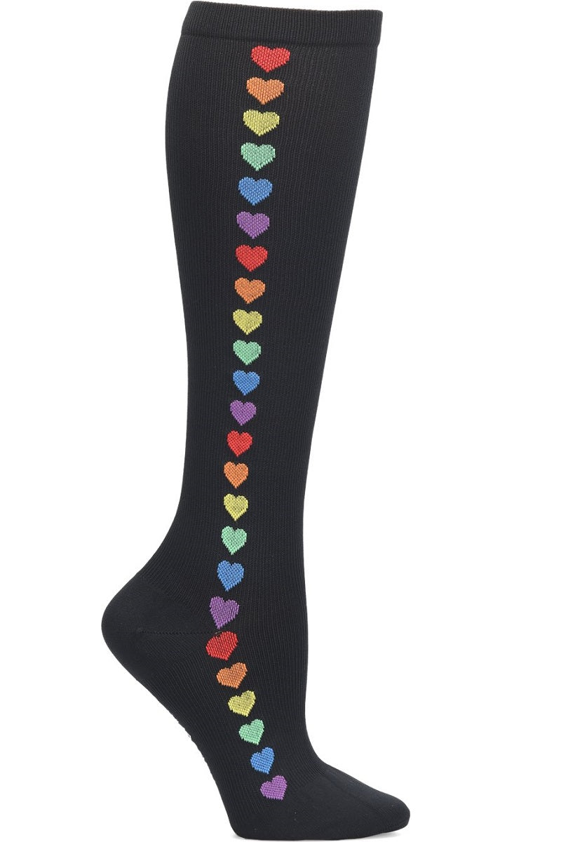 Nurse Mates wide calf compression socks with rainbow hearts pattern in multiple colors, 12-14 mmHg graduated compression, fits calves up to 22 inches, pride-friendly medical support hosiery.