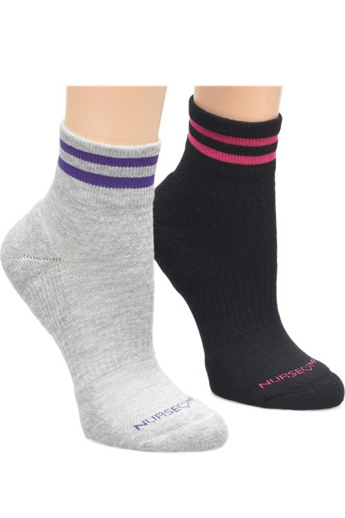 Nurse Mates quarter-top compression socks in black and grey varsity stripe design | Mild 15mmHg compression support | Antimicrobial odor protection | Medical-grade comfort socks for nurses and healthcare workers.
