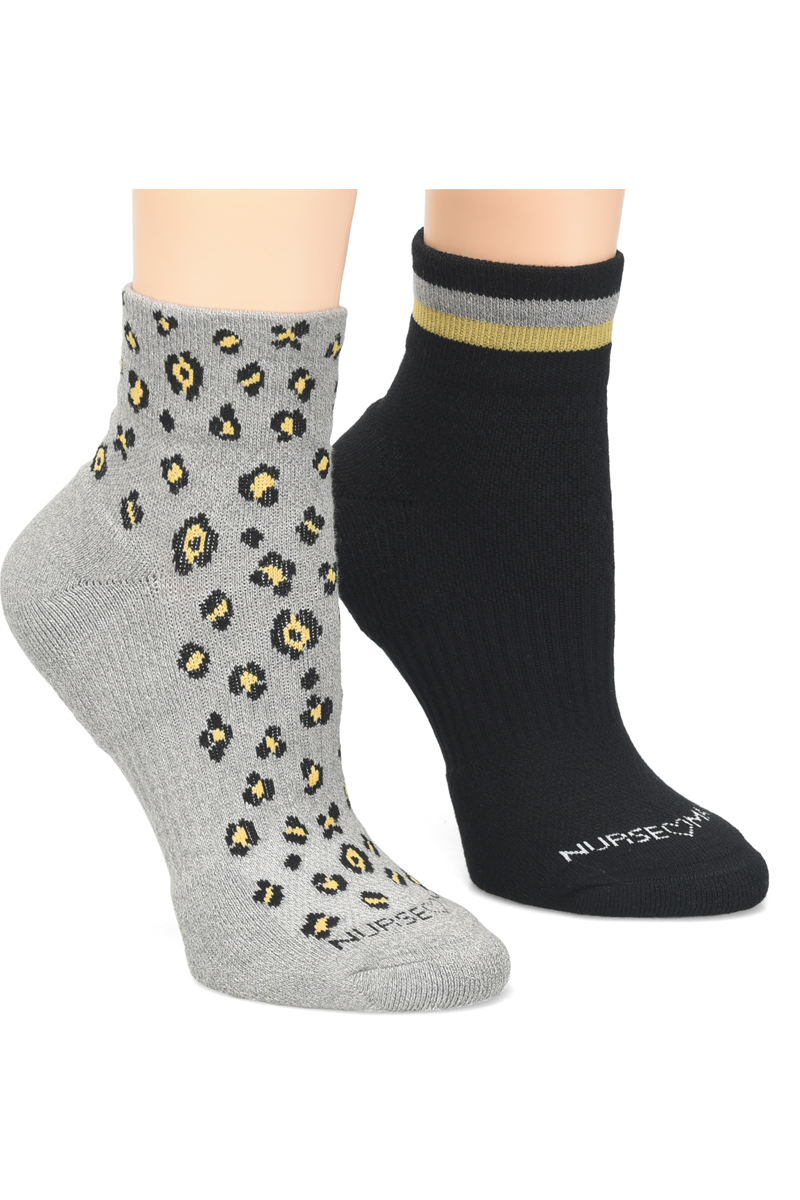 Nurse Mates quarter-top compression socks in grey leopard print pattern | Mild 15mmHg graduated compression | Arch cushioning and antimicrobial protection | Professional medical footwear for nurses and healthcare workers