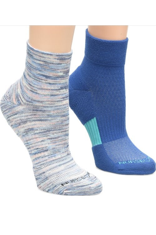 Nurse Mates compression socks quarter-length in multi-color space dye pattern | 15mmHg therapeutic compression | Strategic heel and toe cushioning | All-day comfort for 12+ hour shifts | Professional medical apparel.
