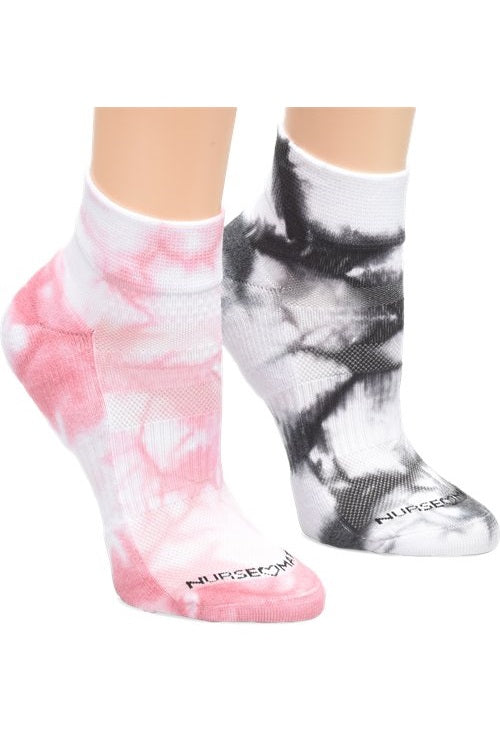 Nurse Mates quarter-length compression socks 2-pack in black and pink tie-dye pattern | 15mmHg graduated compression | Arch support cushioning | Moisture-wicking TruDry technology | Healthcare professional footwear.
