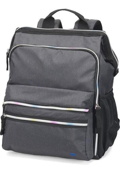 Nurse Mates Ultimate Nursing Backpack, charcoal grey with rainbow accents, inclusive pride-themed nursing bag, supportive healthcare professional backpack with comfortable carrying system
