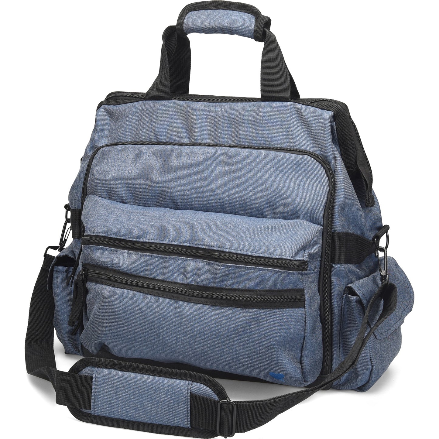 Nurse Mates Ultimate Nursing Bag in Denim - casual water-resistant medical professional bag with slip-resistant bottom, padded laptop protection, and organized storage for nurses and veterinary staff.