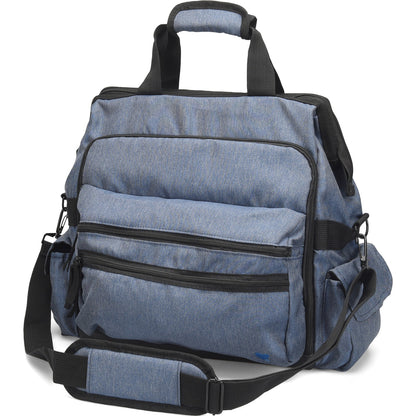 Nurse Mates Ultimate Nursing Bag in Denim - casual water-resistant medical professional bag with slip-resistant bottom, padded laptop protection, and organized storage for nurses and veterinary staff.