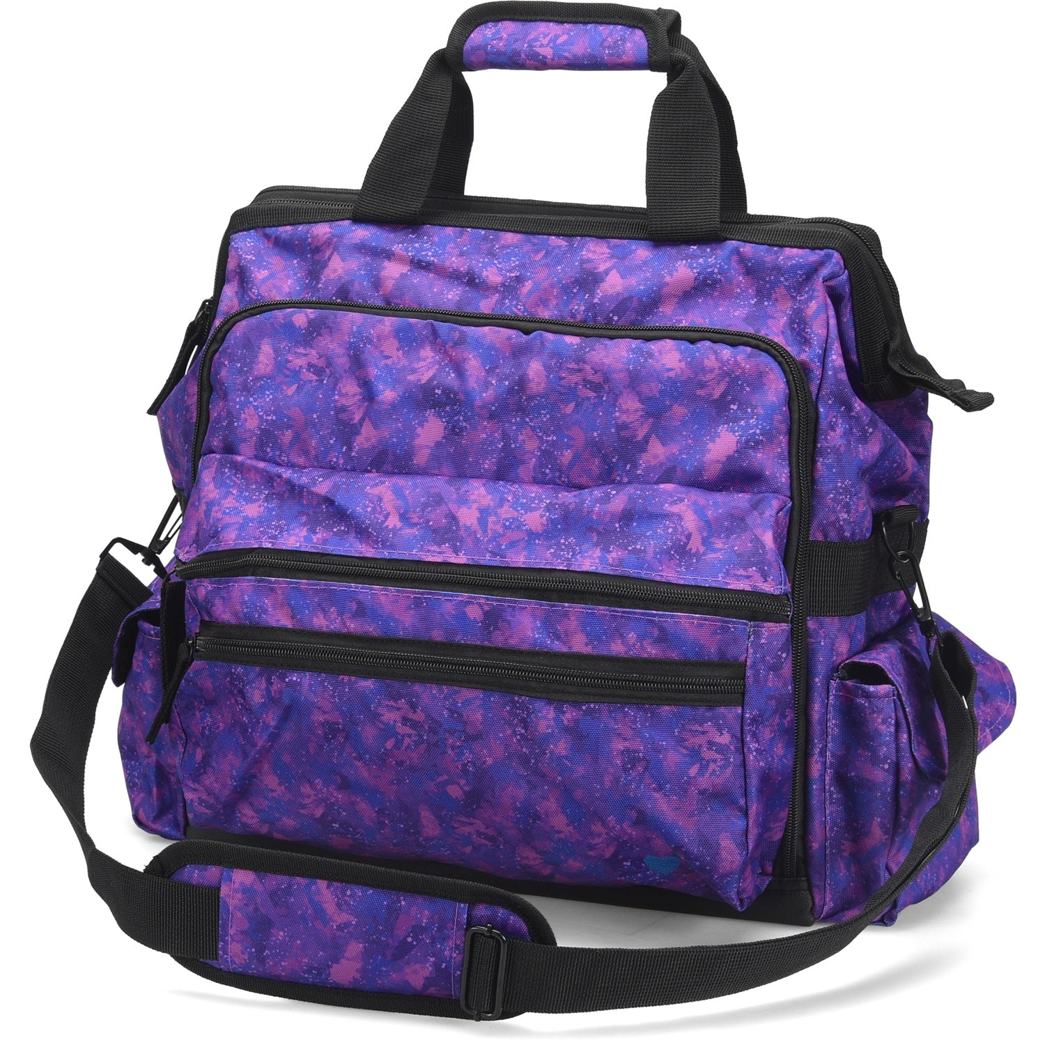 Nurse Mates Ultimate Nursing Bag in Violet Prism pattern - geometric water-resistant healthcare bag with durable construction, laptop protection, and multiple pockets for stethoscope, badges, and medical equipment.