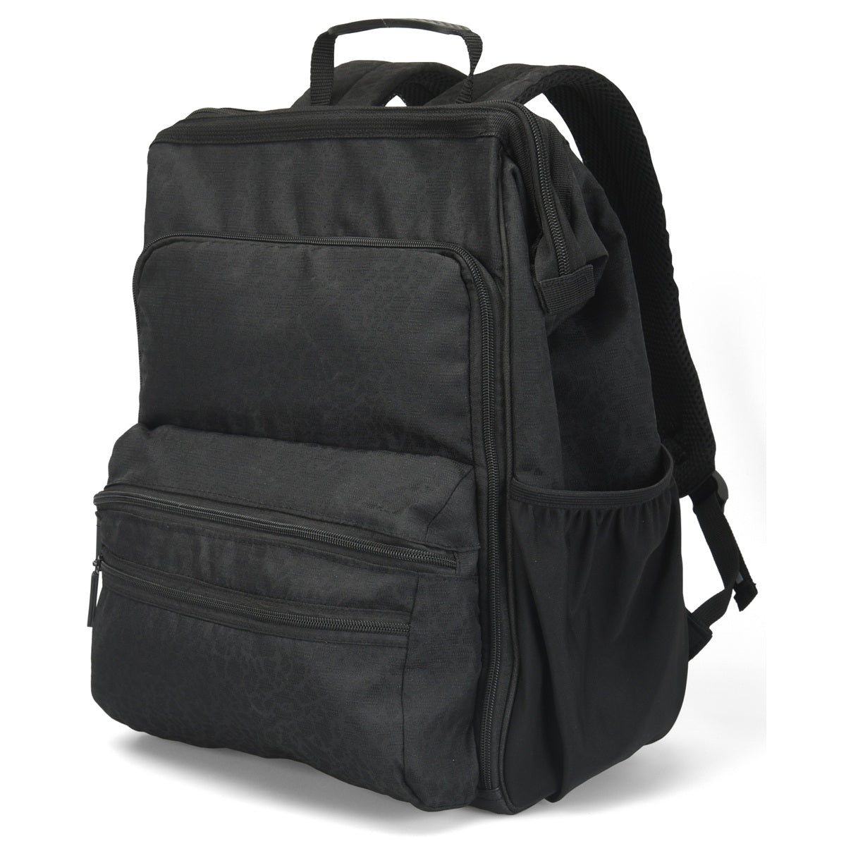 Nurse Mates Ultimate Signature nursing backpack in black cheetah print — water-resistant professional medical bag with insulated pocket and laptop sleeve.