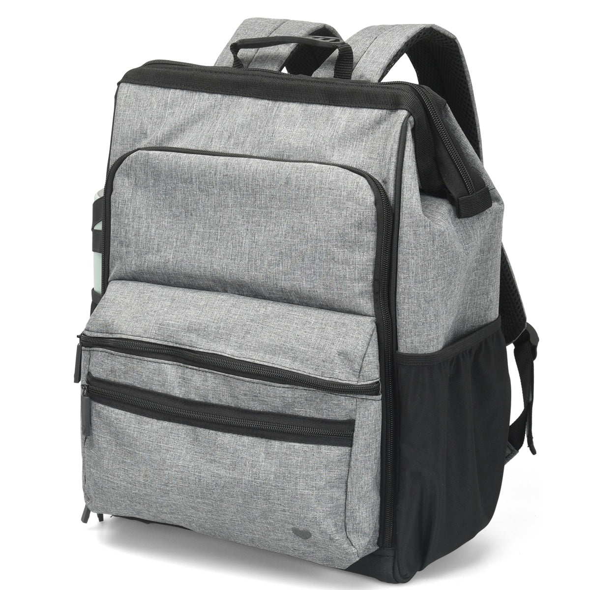 Nurse Mates Ultimate Signature nursing backpack in grey linen — water-resistant professional medical bag with insulated pocket and laptop sleeve.