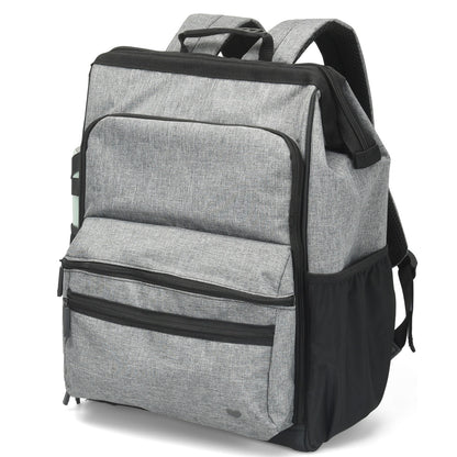 Nurse Mates Ultimate Signature nursing backpack in grey linen — water-resistant professional medical bag with insulated pocket and laptop sleeve.