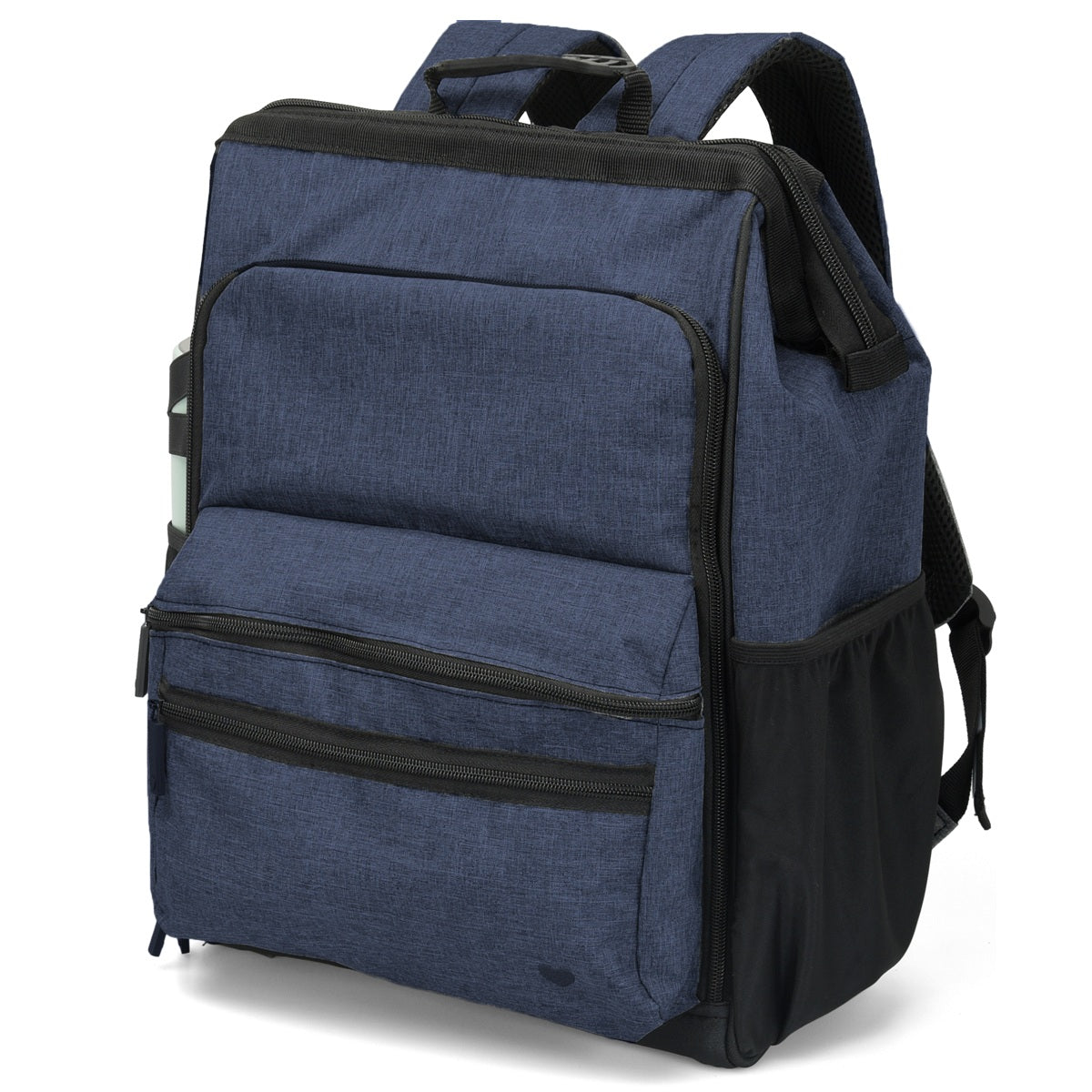 Nurse Mates Ultimate Signature nursing backpack in navy linen — water-resistant professional medical bag with insulated pocket and laptop sleeve.