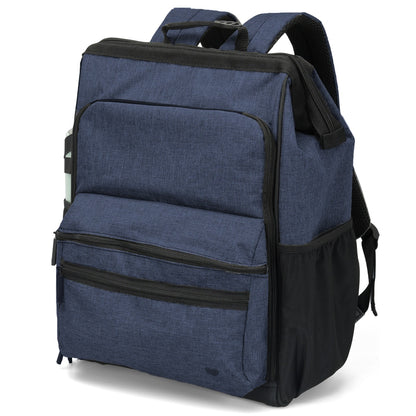 Nurse Mates Ultimate Signature nursing backpack in navy linen — water-resistant professional medical bag with insulated pocket and laptop sleeve.