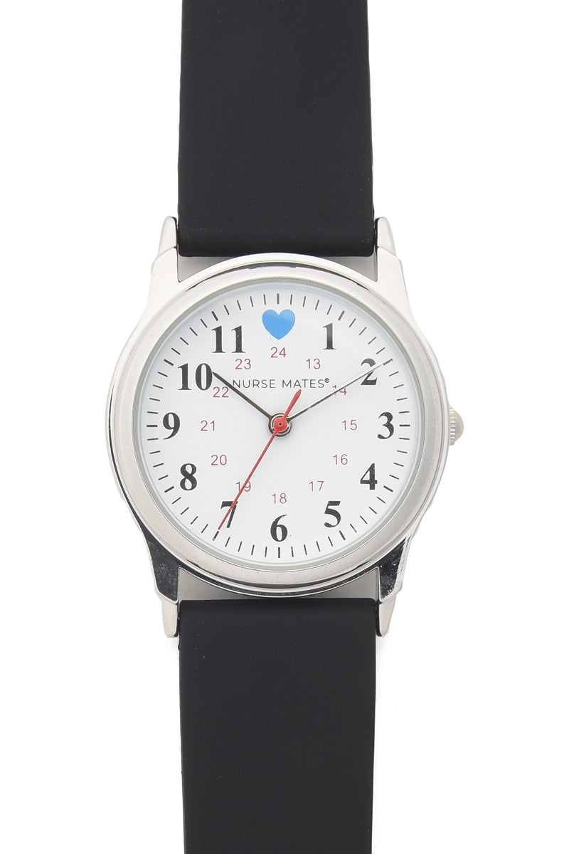 Nurse Mates healthcare watch with black silicone band and dual time display for medical professionals.