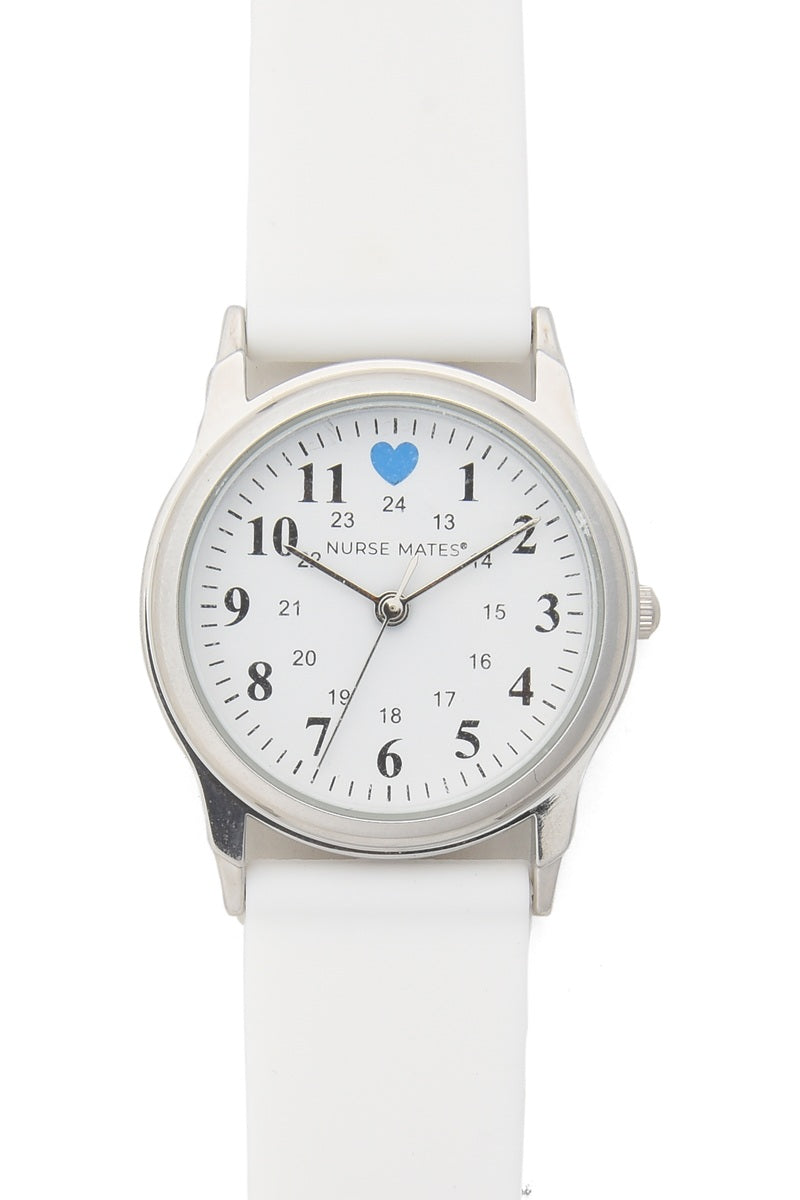 Nurse Mates water-resistant medical watch with white silicone band and second hand for nurses.