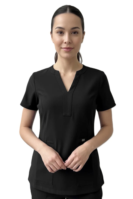 Astro Star Y-Neck Scrub Top 1133 in Black – Women's 3-pocket polyester ultra-stretch scrub top with princess seams and Y-neck neckline
