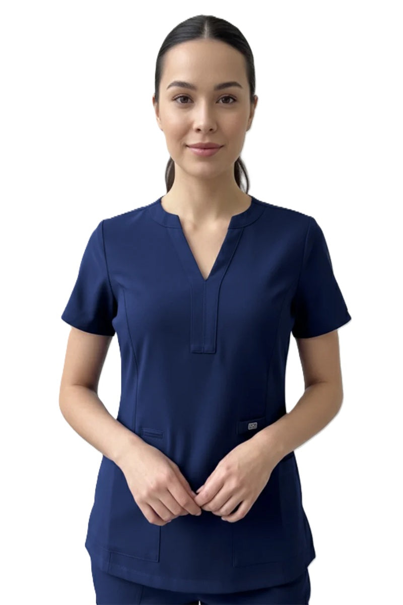 Astro Star Y-Neck Scrub Top 1133 in Navy Blue – Women's 3-pocket polyester ultra-stretch scrub top with princess seams and Y-neck neckline
