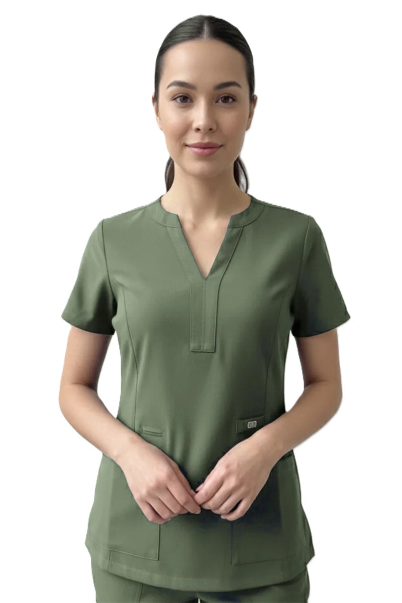Astro Star Y-Neck Scrub Top 1133 in Olive Green – Women's 3-pocket polyester ultra-stretch scrub top with princess seams and Y-neck neckline
