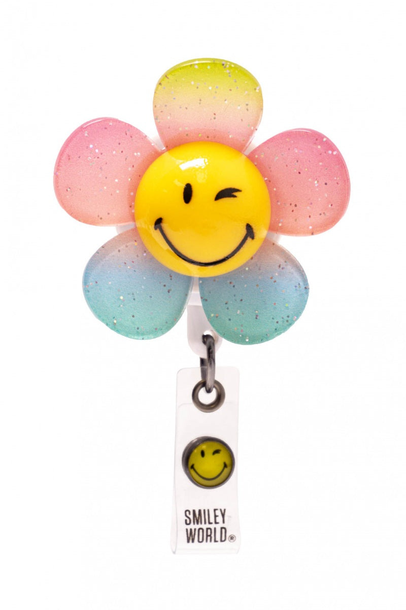 koi SmileyWorld Shaker Badge Reel in 3D Smiling Flower design with retractable cord and clip for healthcare professionals.