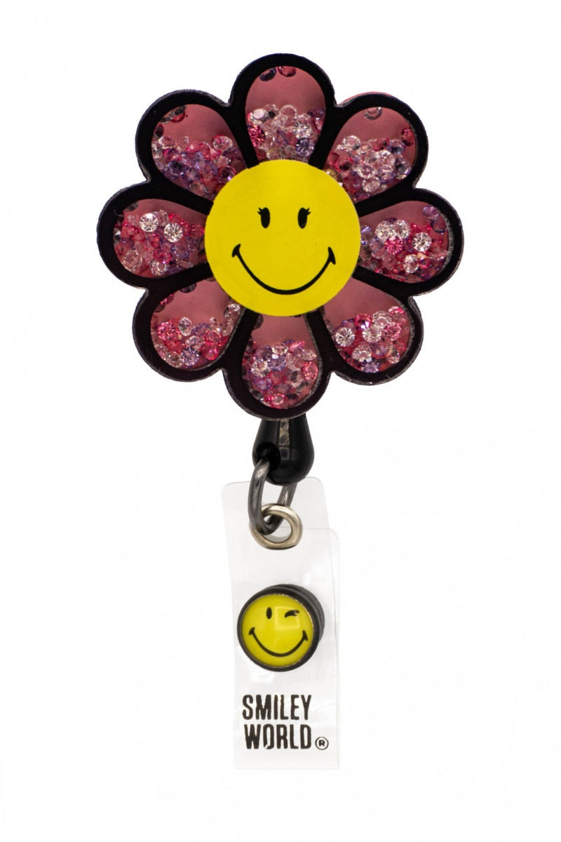 koi Smiley World Shaker Badge Reel in Daisy Smile design with retractable cord and clip for healthcare professionals.