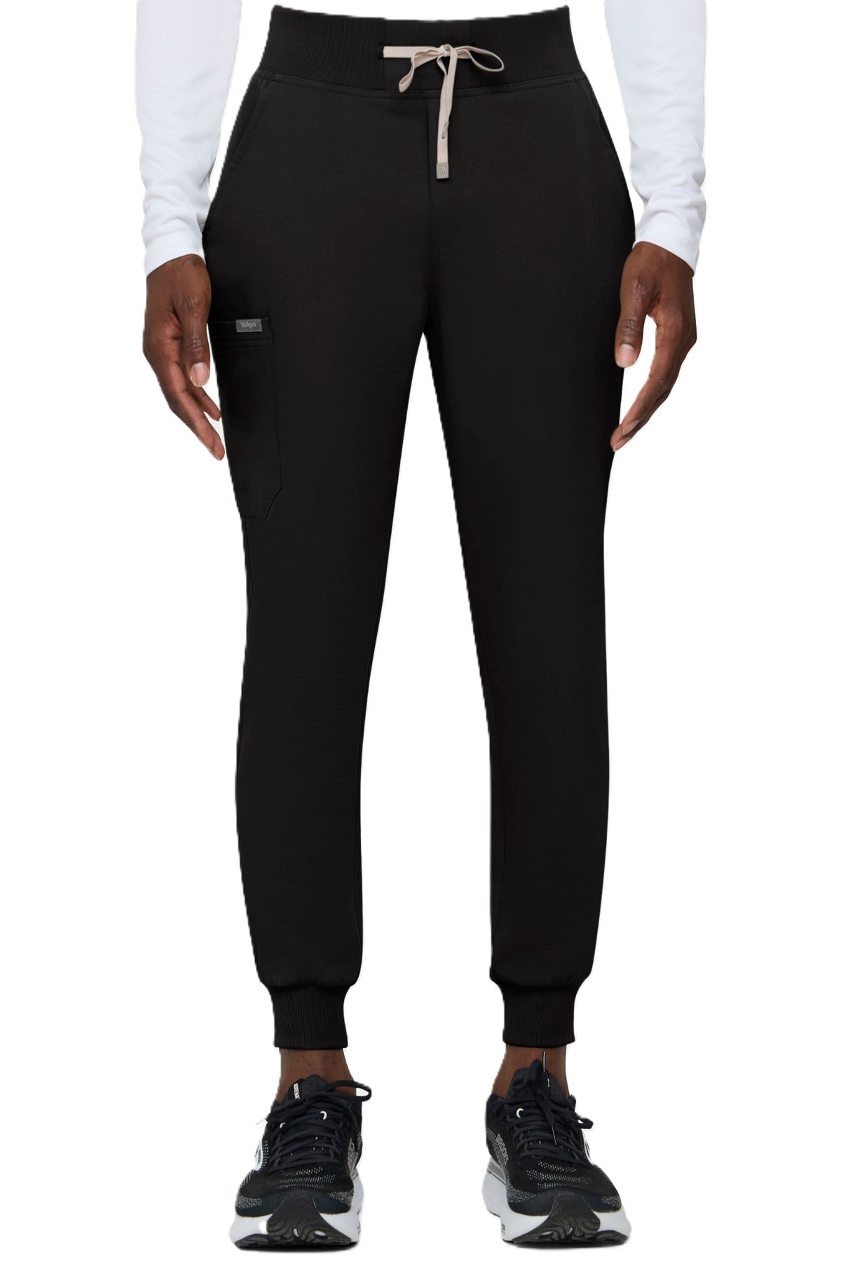 Tempo T272 men's black jogger scrub pants with rib cuffs and six-pocket design.
