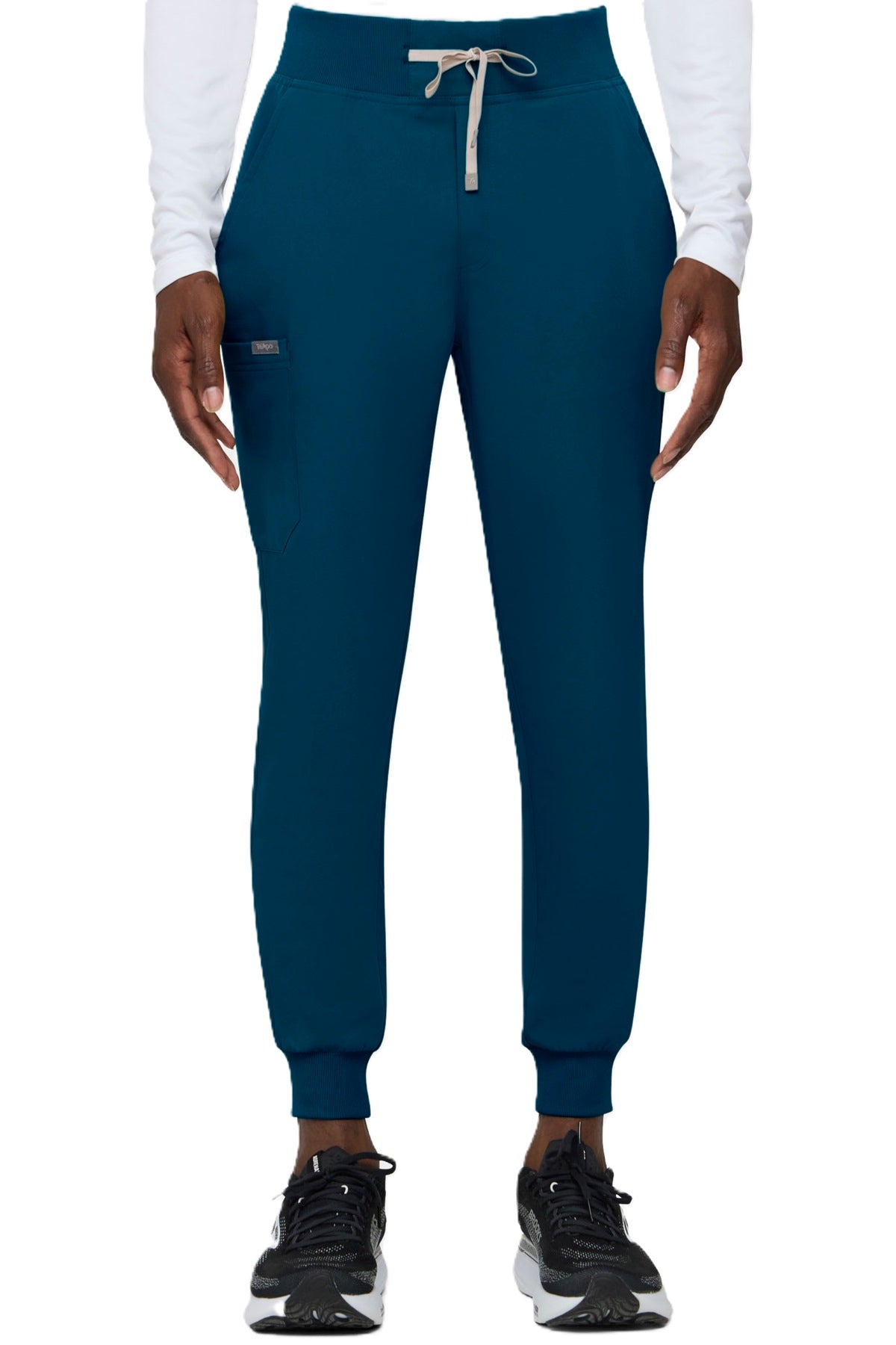 Tempo T272 men's caribbean blue jogger scrub pants with rib cuffs and six-pocket design.
