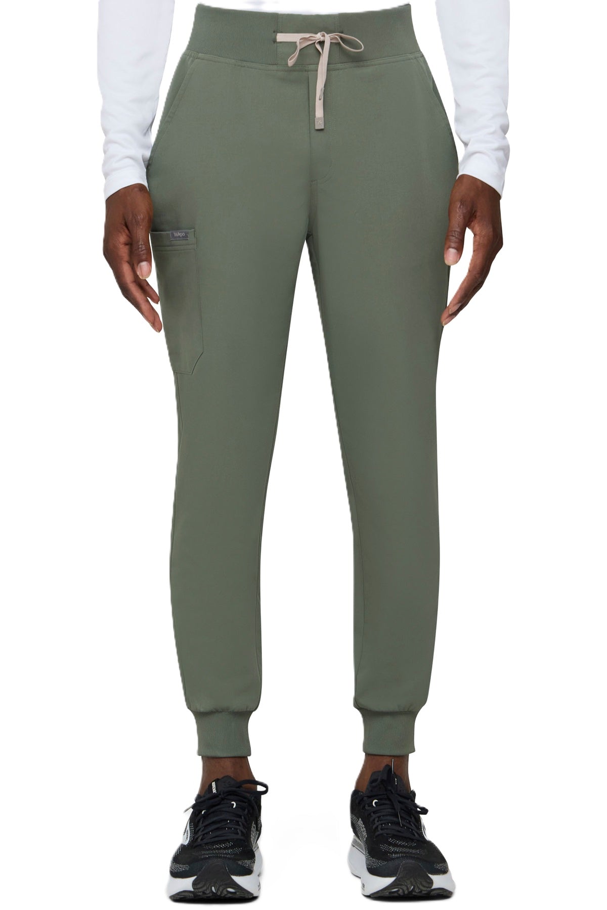 Tempo T272 men's olive green jogger scrub pants with rib cuffs and six-pocket design
