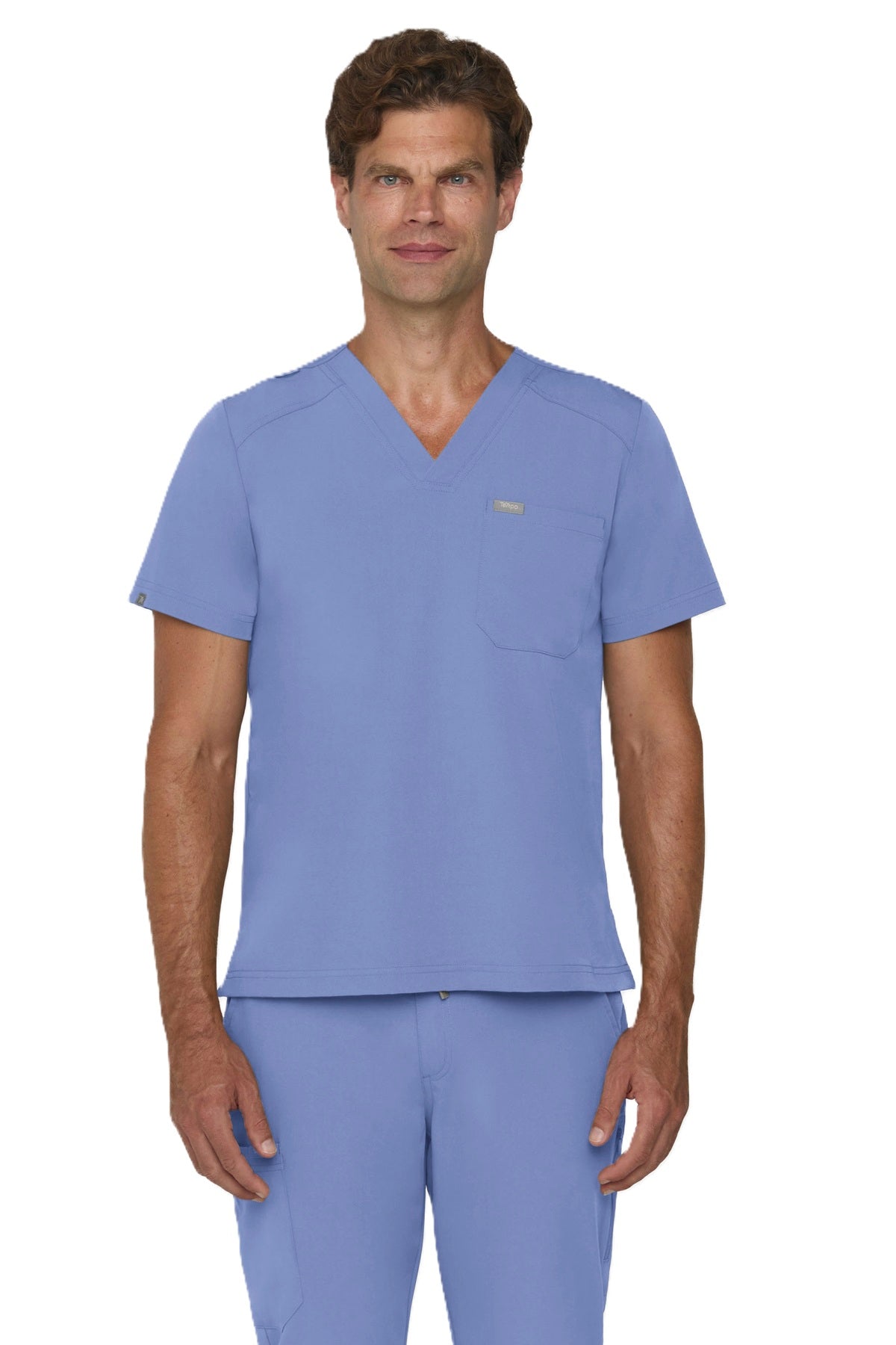 Tempo T172 men's tuckable V-neck scrub top in ceil blue