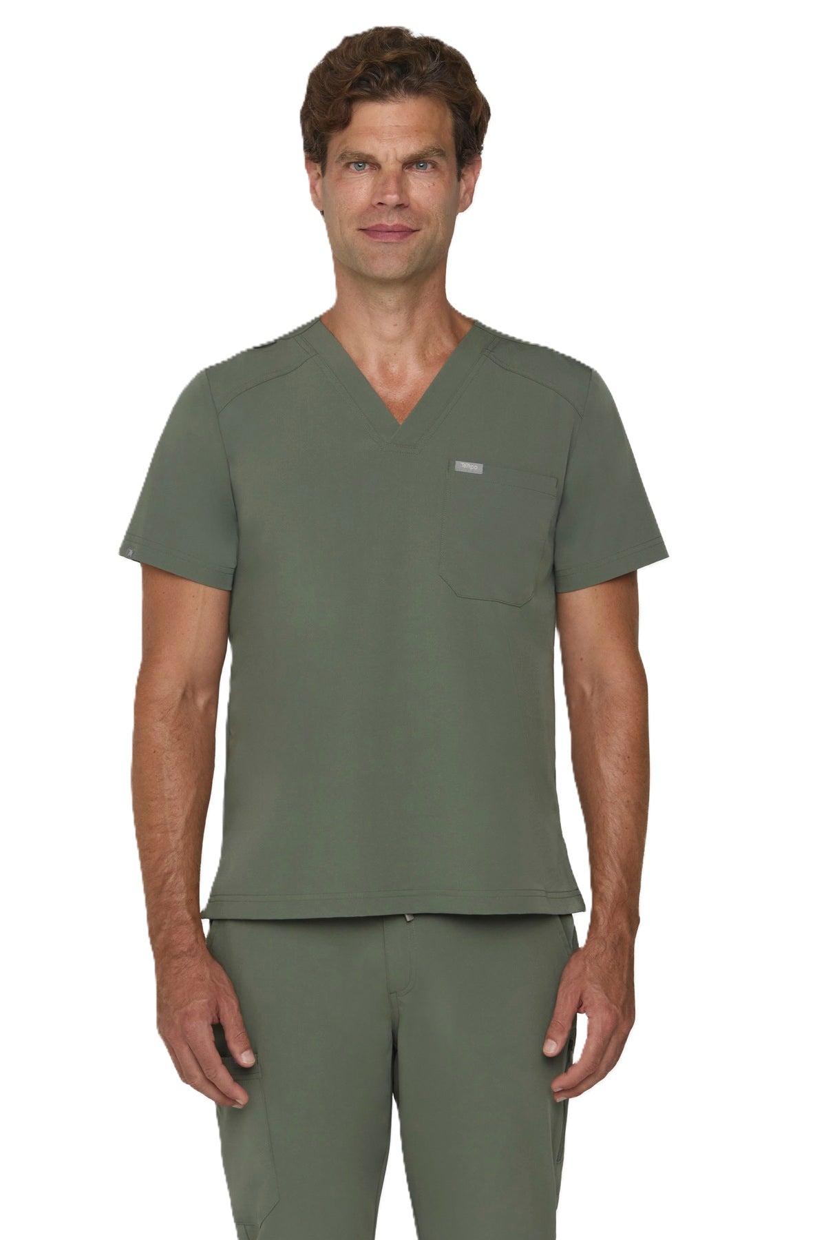 Tempo T172 men's tuckable V-neck scrub top in olive green