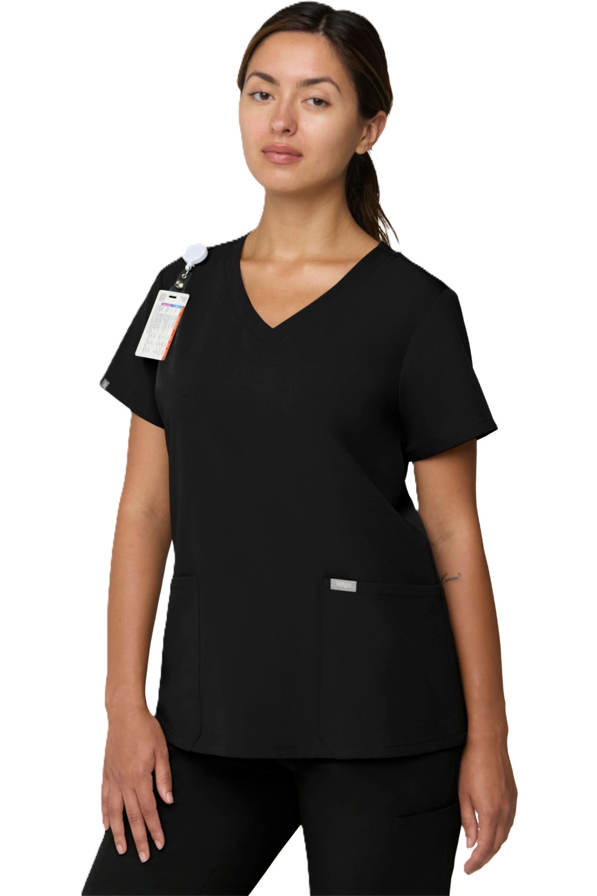 Tempo T101 women's V-neck scrub top with two front angled pockets in black.