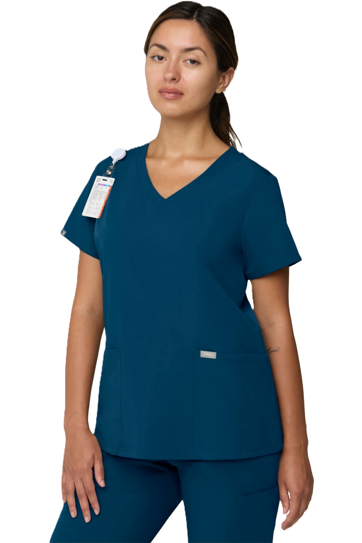 Tempo T101 women's V-neck scrub top with two front angled pockets in caribbean blue.