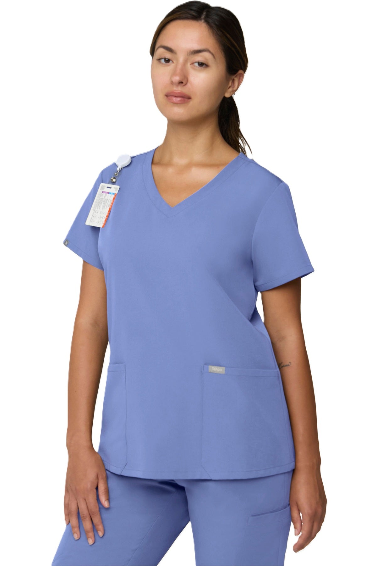 Tempo T101 women's V-neck scrub top with two front angled pockets in ceil blue.