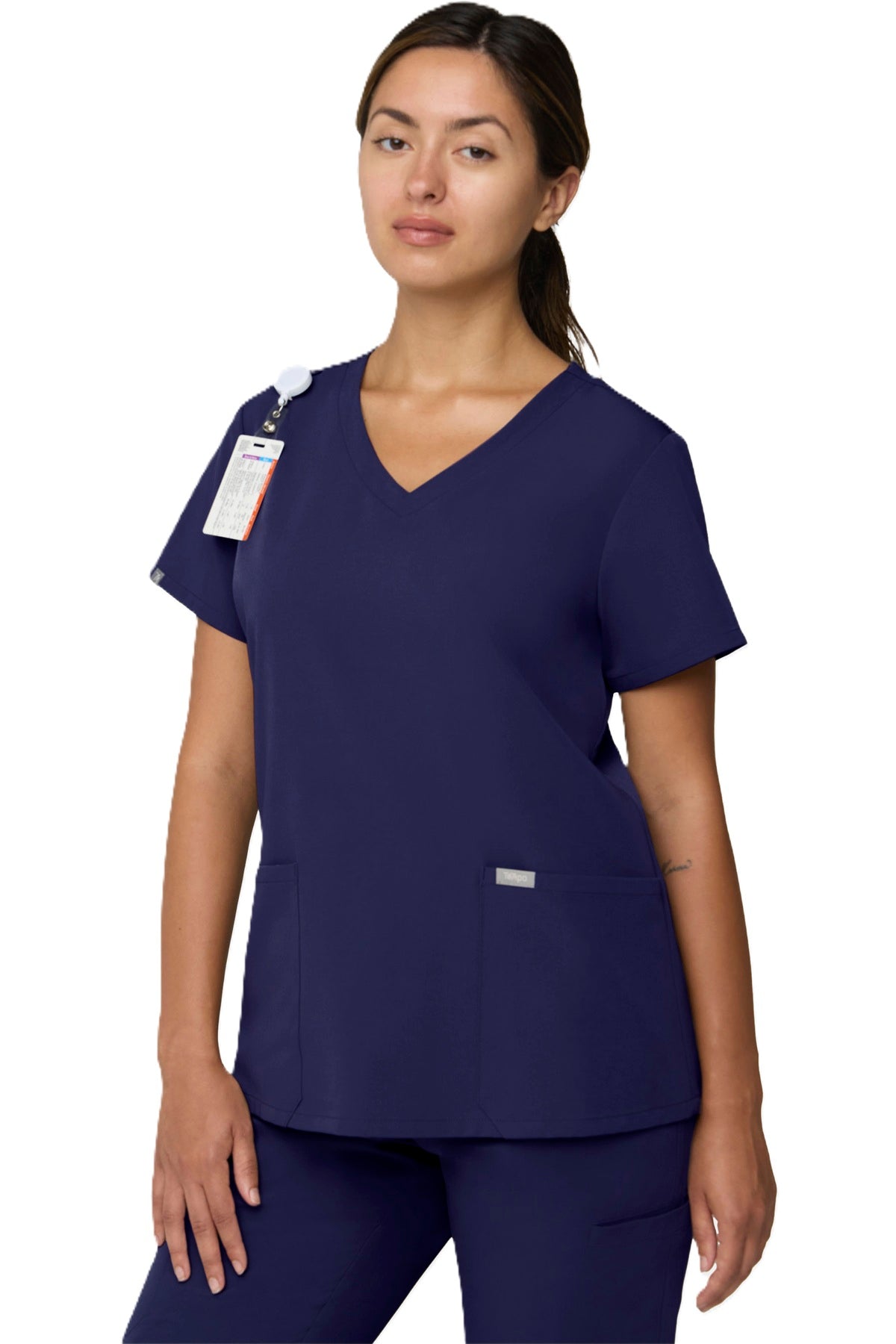 Tempo T101 women's V-neck scrub top with two front angled pockets in navy blue.