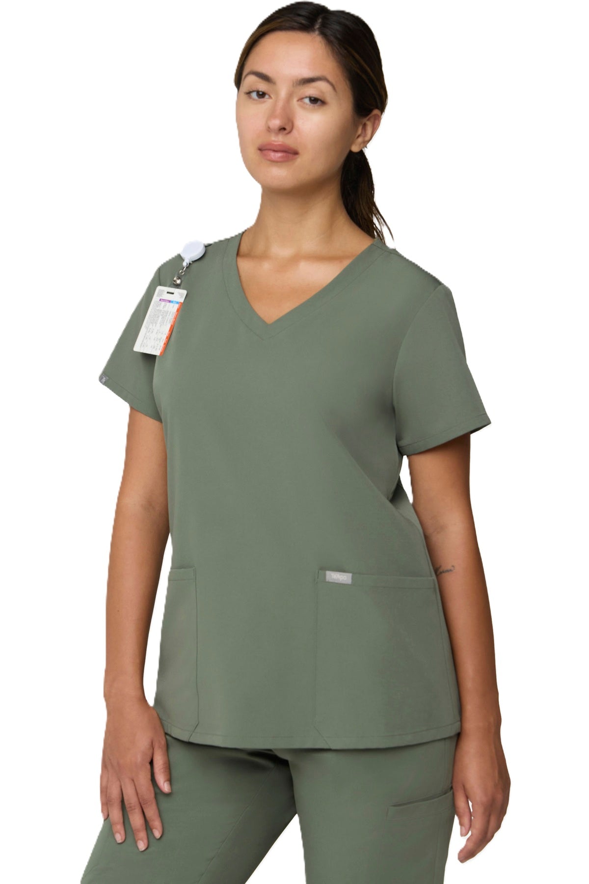 Tempo T101 women's V-neck scrub top with two front angled pockets in olive green.