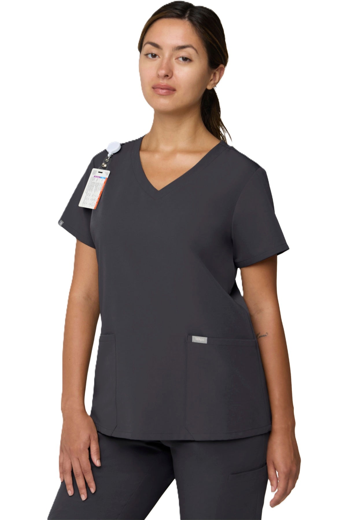 Tempo T101 women's V-neck scrub top with two front angled pockets in pewter grey.