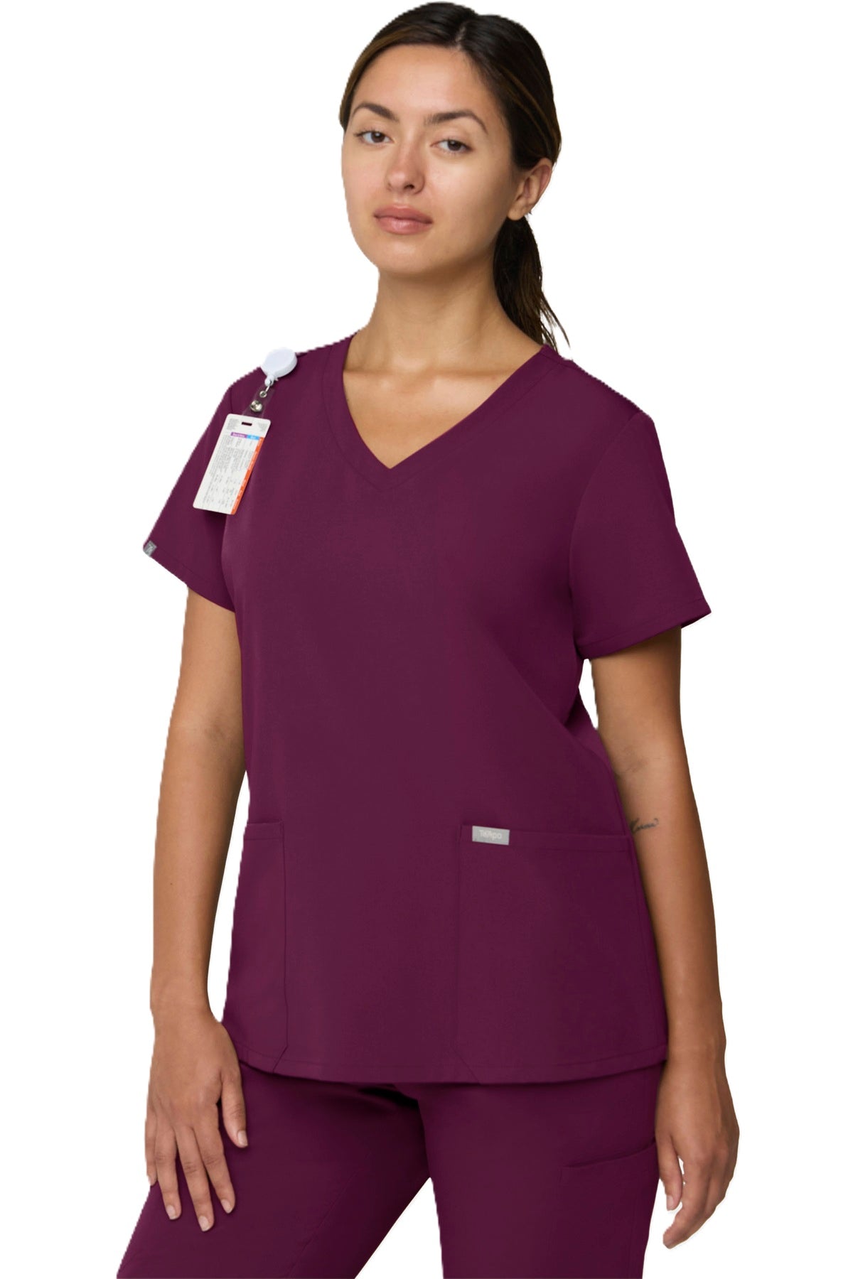 Tempo T101 women's V-neck scrub top with two front angled pockets in wine.