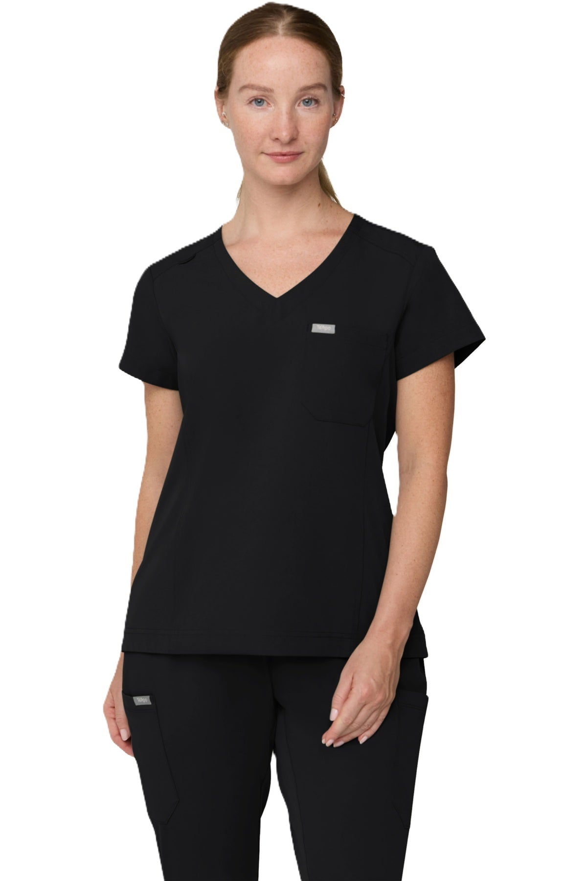 Tempo T102 women's tuckable scrub top in black.