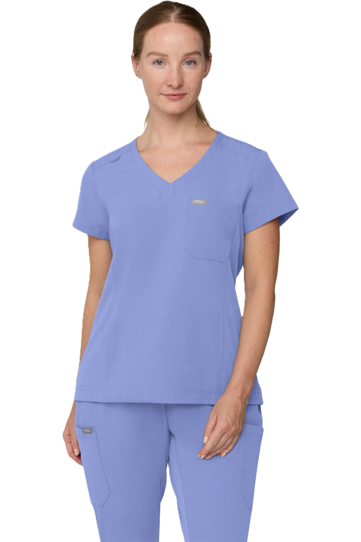 Tempo T102 women's tuckable scrub top in ceil blue.