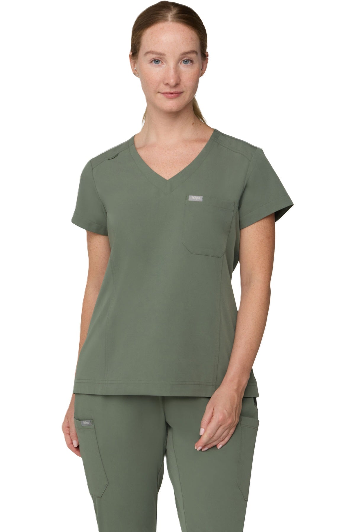 Tempo T102 women's tuckable scrub top in olive green.