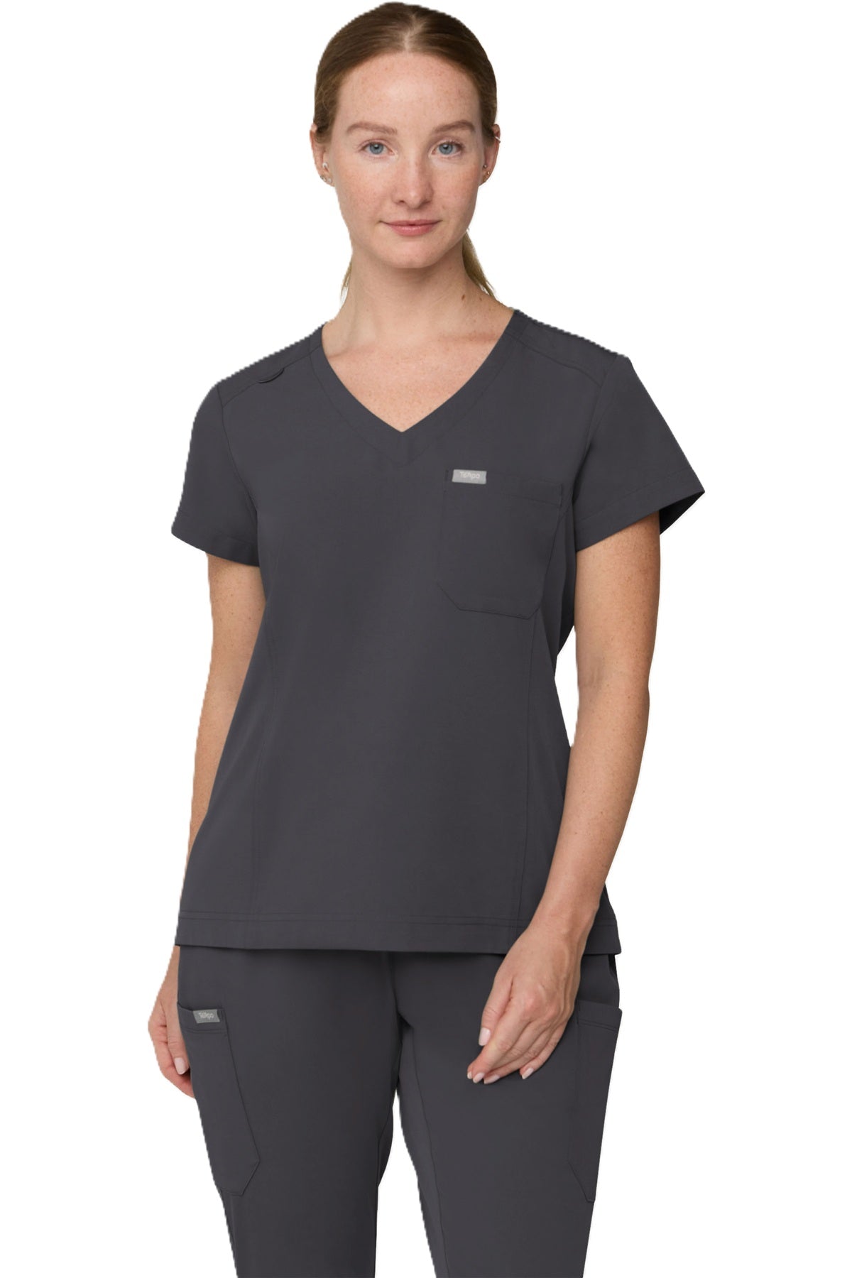 Tempo T102 women's tuckable scrub top in pewter grey.