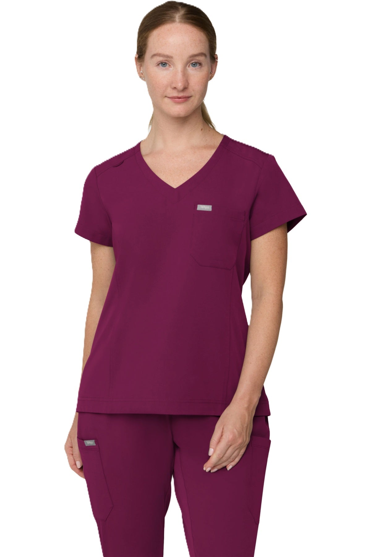 Tempo T102 women's tuckable scrub top in wine.