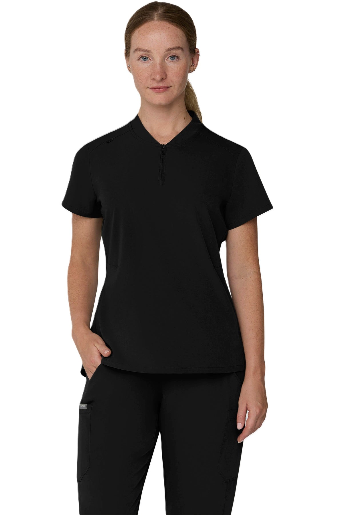 Tempo T103 women's 1/4-zip scrub top in black.
