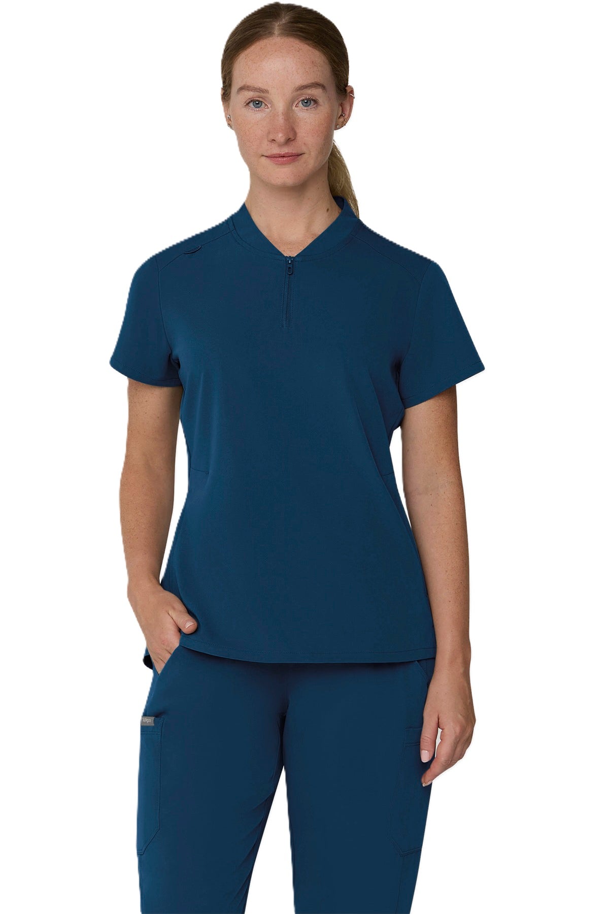 Tempo T103 women's 1/4-zip scrub top in caribbean blue.